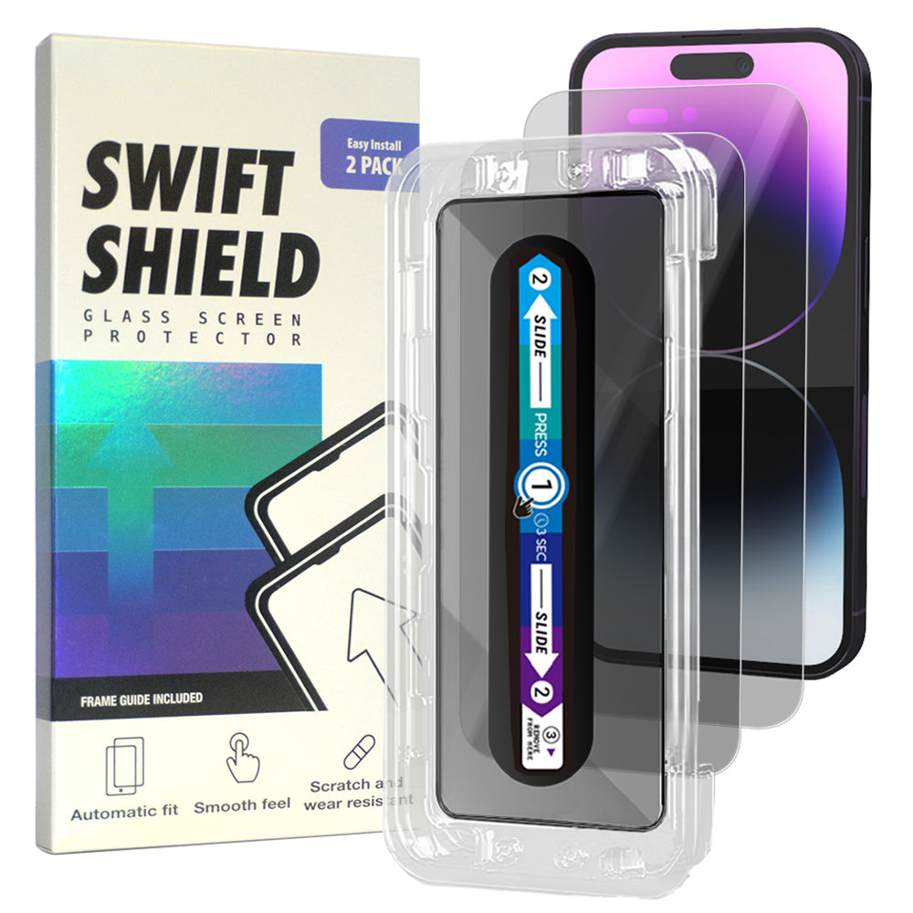 iPhone 14 Pro Tempered Glass Screen Protector [2-Pack] with Easy Alignment Frame – Privacy, Premium by SwiftShield