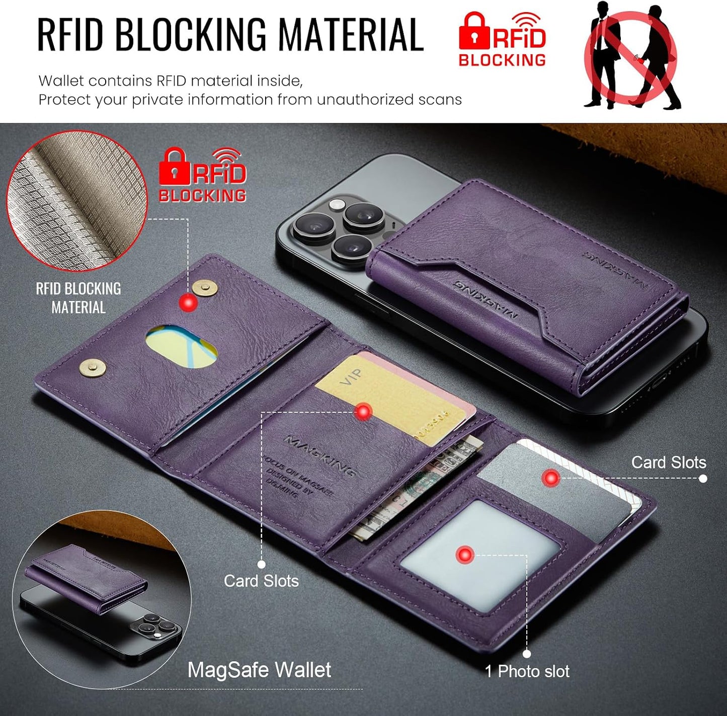 MagSafe Compatible Magnetic Leather Wallet Card Holder for iPhone