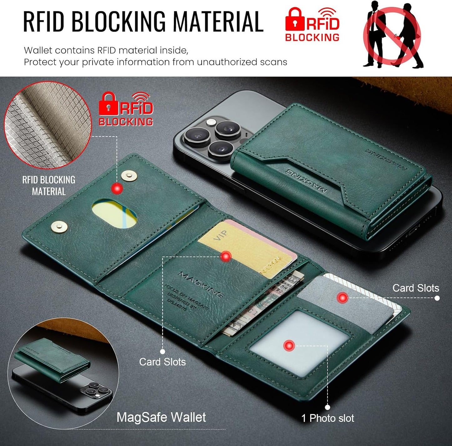 MagSafe Compatible Magnetic Leather Wallet Card Holder for iPhone