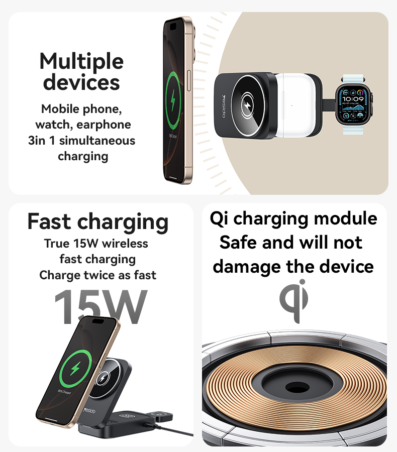 Magsafe Compatible Wireless Fast Charging Station Dock 3-in-1 - Yesido