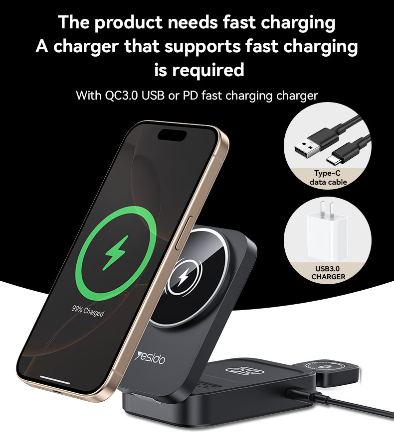 Magsafe Compatible Wireless Fast Charging Station Dock 3-in-1 - Yesido