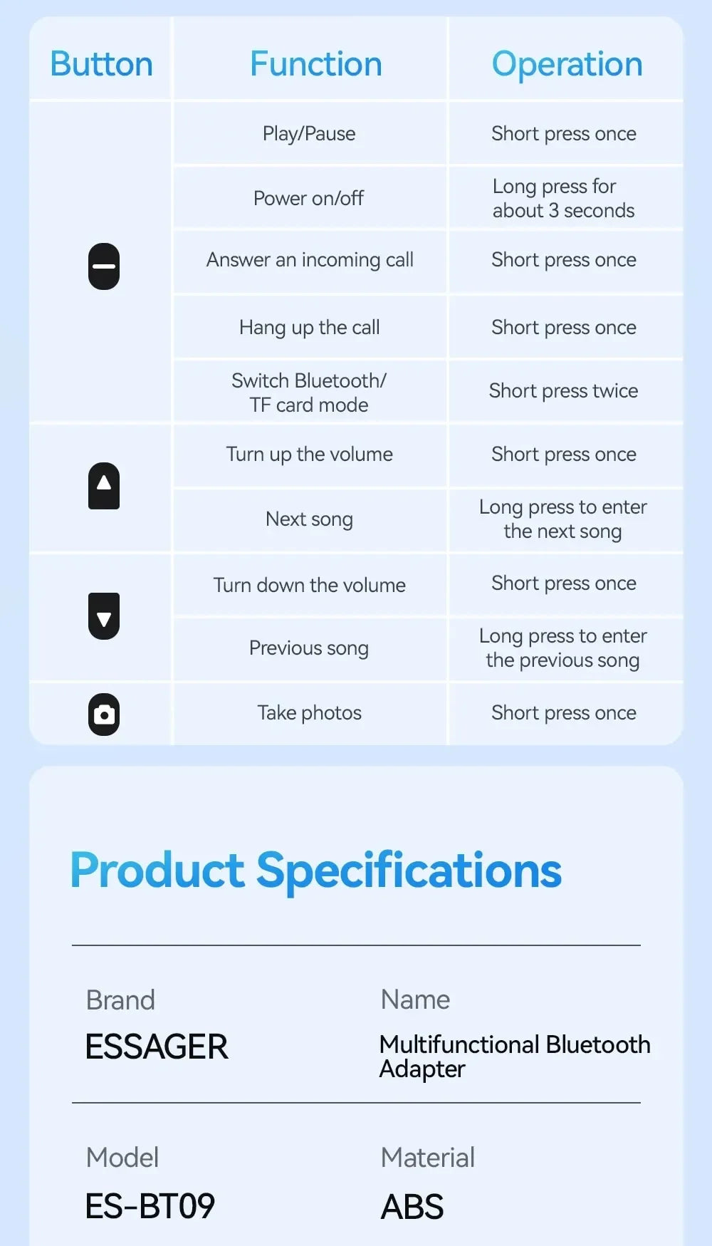 Multifunctional Bluetooth Adapter / Transmitter / Receiver Audio ESSAGER ES-BT09