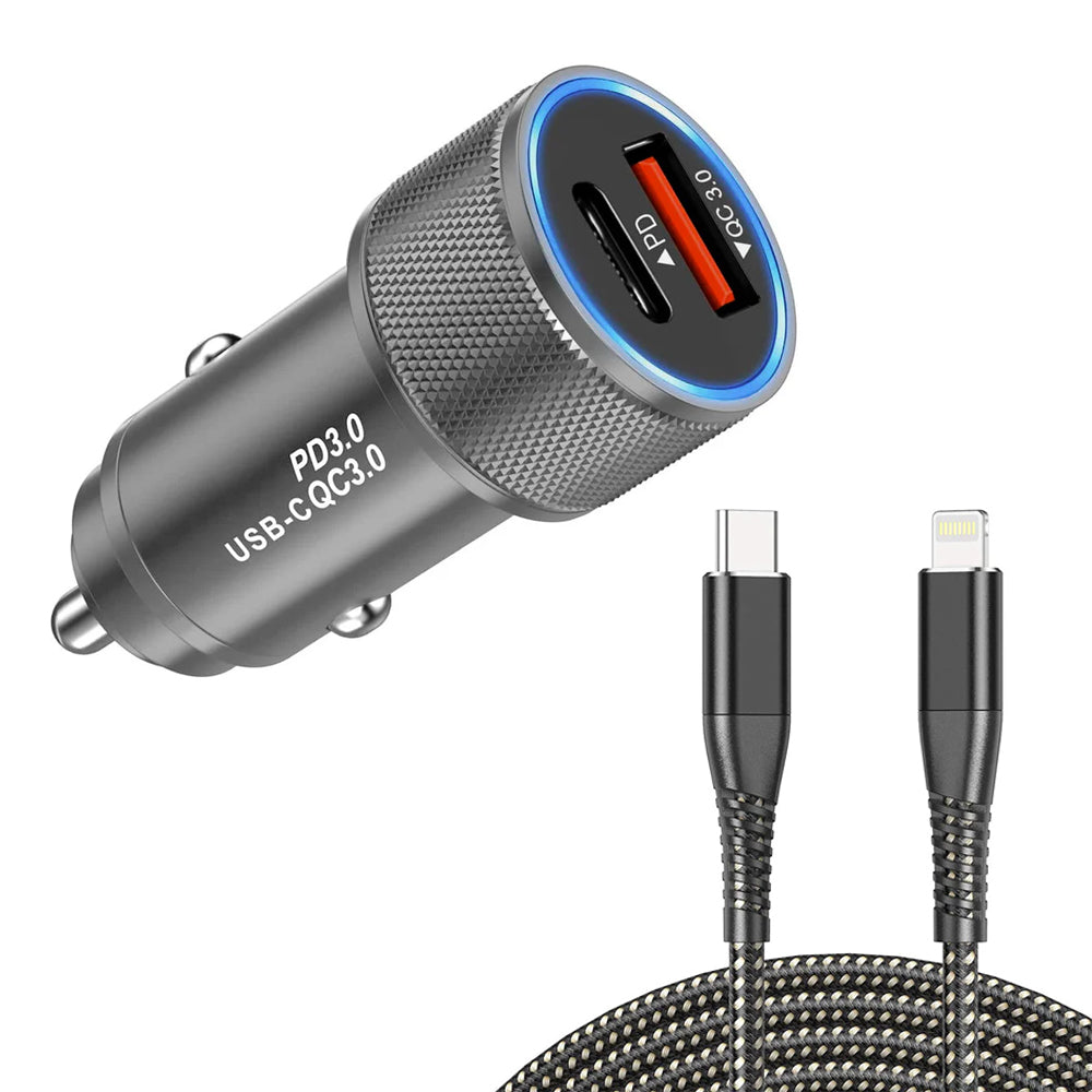Alloy Dual 18W Fast Car Charger with Lightning to Type C cable