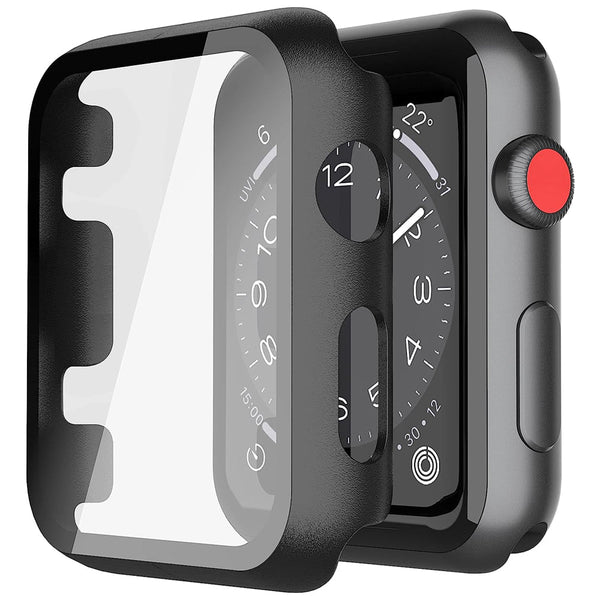 Apple Watch 42mm Case with Glass Screen Protector by SwiftShield (2 Pack - Black + Clear)