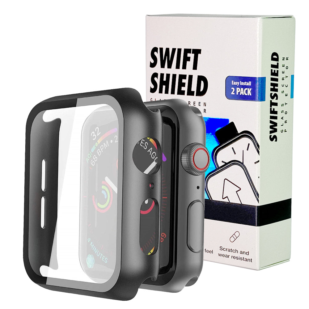Apple Watch SE Series 2 44mm Case with Glass Screen Protector by SwiftShield (2 Pack - Black + Clear)