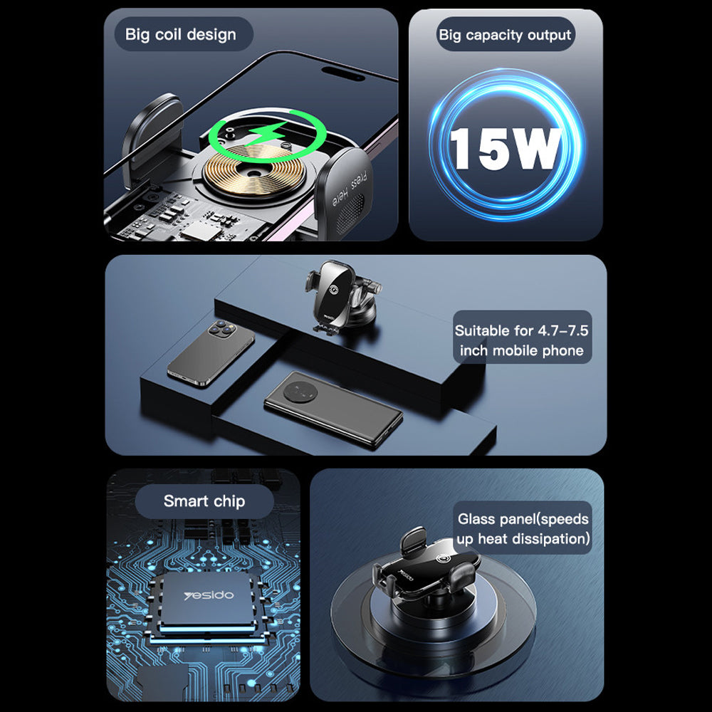 Fast Charging Wireless Car Charger Holder Suction Cup 15W