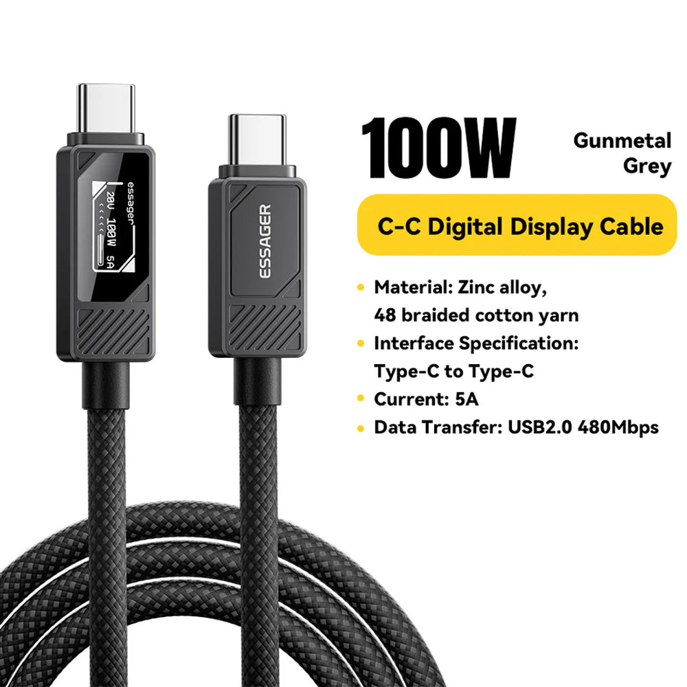 100W LED Display USB-C to USB-C cable (2M) - Essager Fast Charger