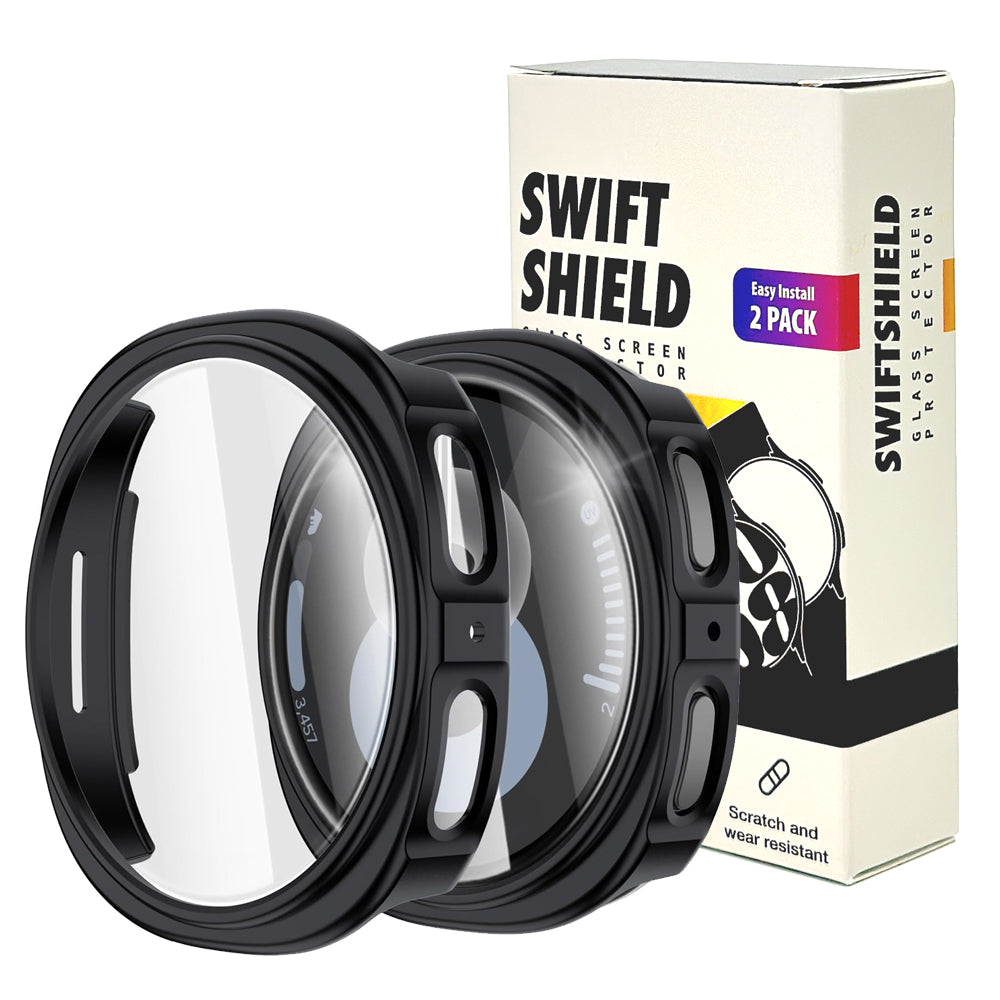 Samsung Galaxy Watch 9 44mm Case with Glass Screen Protector by SwiftShield (2 Pack - Black)
