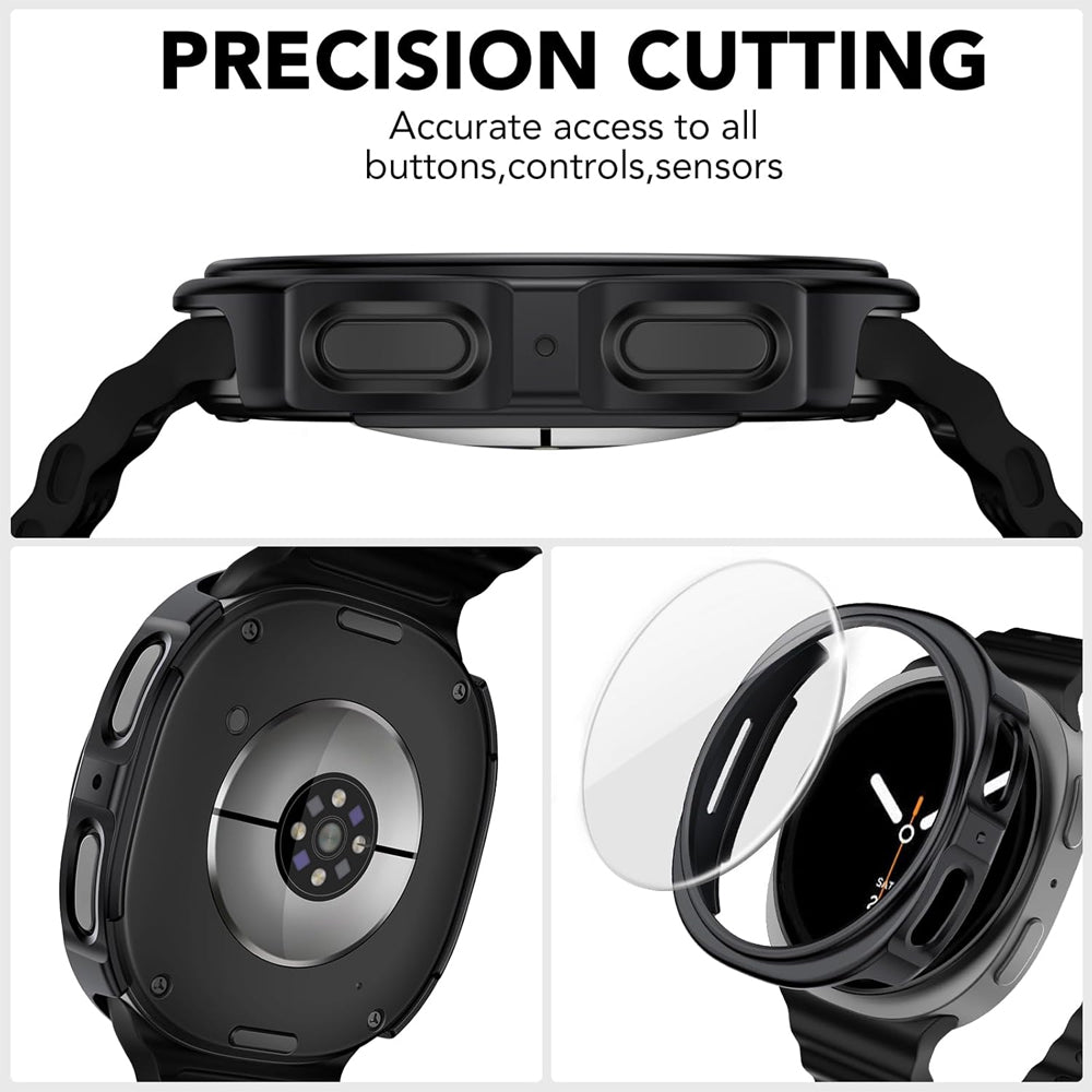 Samsung Galaxy Watch 9 44mm Case with Glass Screen Protector by SwiftShield (2 Pack - Black + Clear)