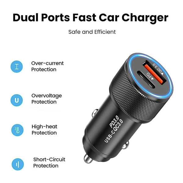 Dual 18W Fast Car Charger with Lightning to Type C cable