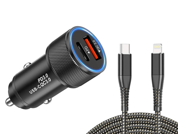 Alloy Dual 18W Fast Car Charger with Lightning to Type C cable