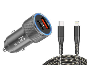 Alloy Dual 18W Fast Car Charger with Lightning to Type C cable