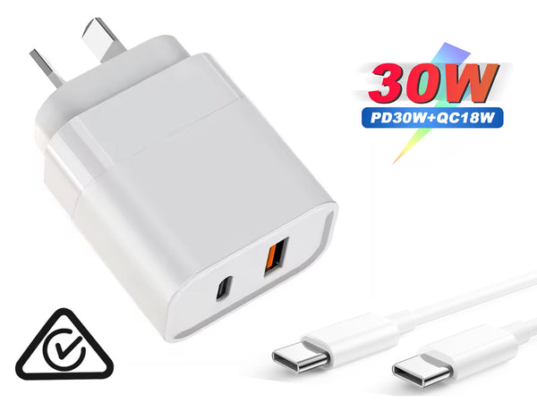 30W Superfast compatible Dual Wall Charger with USB-C to USB-C Cable