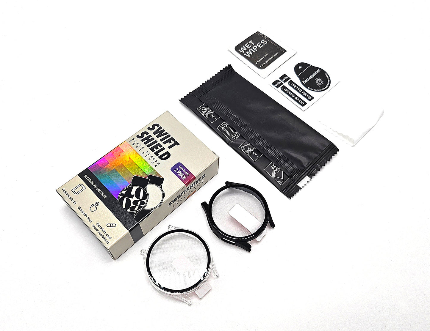 Samsung Galaxy Watch 9 44mm Case with Glass Screen Protector by SwiftShield (2 Pack - Black + Clear)